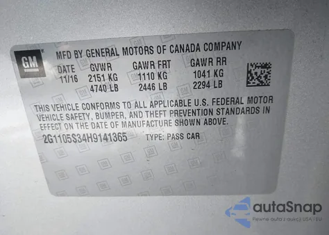 2017 Chevrolet Impala 1Lt z USA, uszkodzony, nr VIN 2G1105S34H9141365